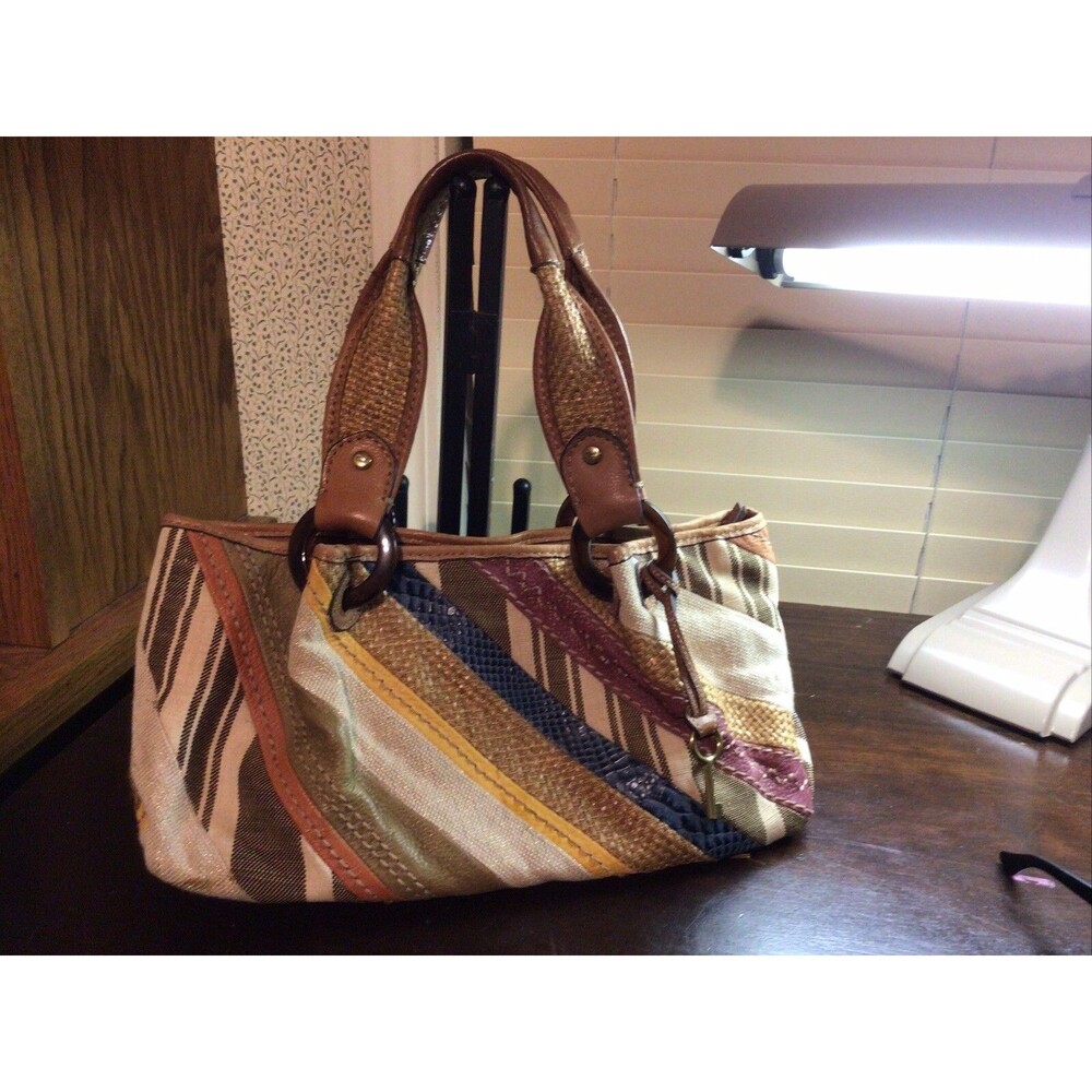 Fossil Patchwork Striped Canvas Leather Bag With Matching Coin Purse